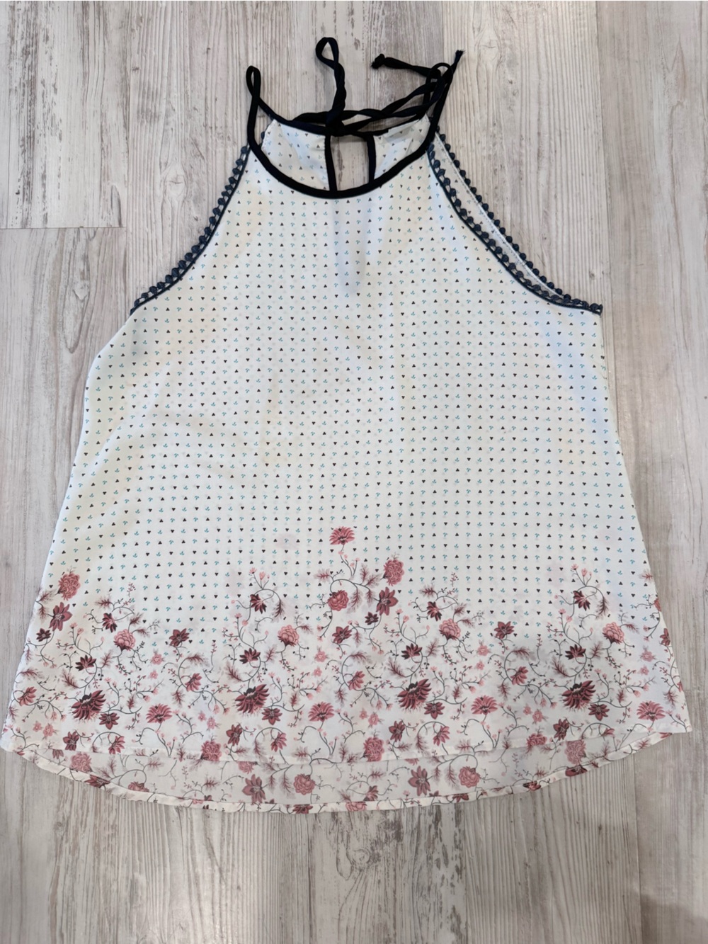 Kaileigh White Floral Halter Tank with Dusty Rose Border